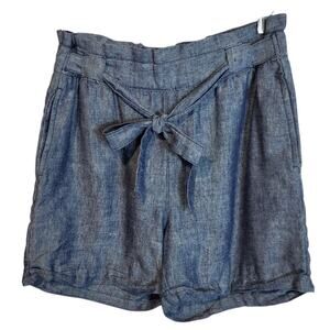Alki'i Beach Women's Linen Blend High Rise Paper Bag Belted Shorts Blue Size L